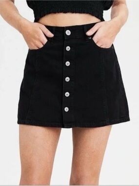 AE Black Button-Front A-Line Mini Skirt